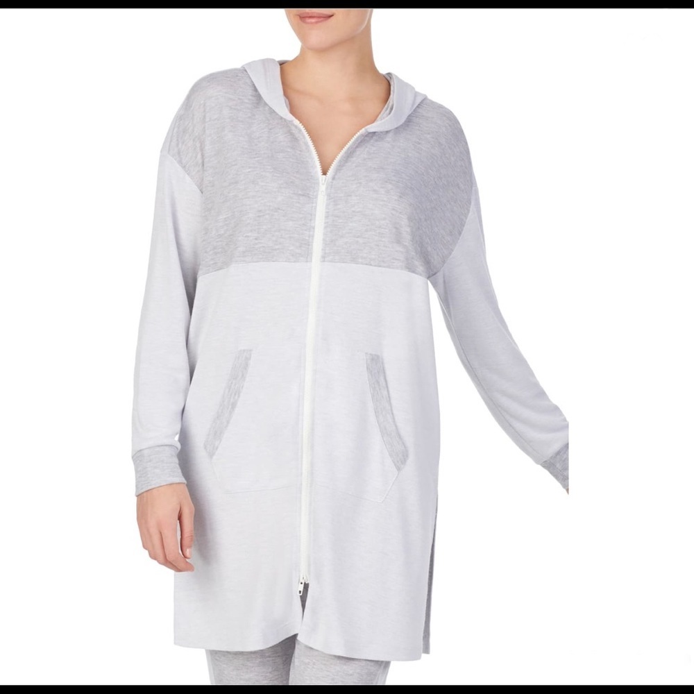 Refinery29 Grey White Double Knit Mid Thigh Zip Front Hoodie Jacket Size Small